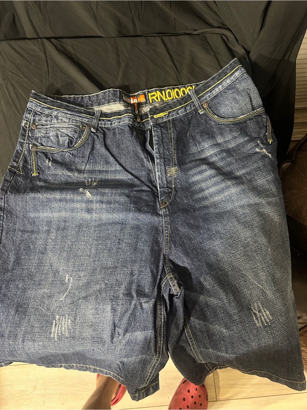 Men's Dark Blue Denim Jeans Shorts - Yellow Stitch Detail-Akademiks size 44-#627